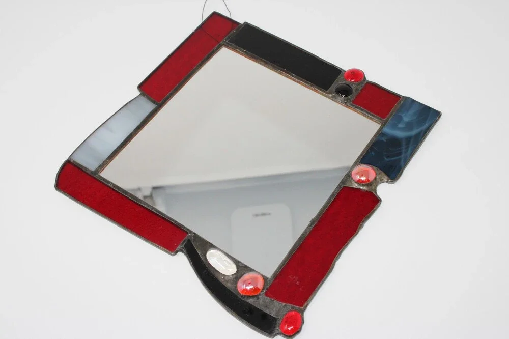 Mary Ann Molinaro Stained Glass Mirror Art Deco Geometric Burgundy Red Vintage